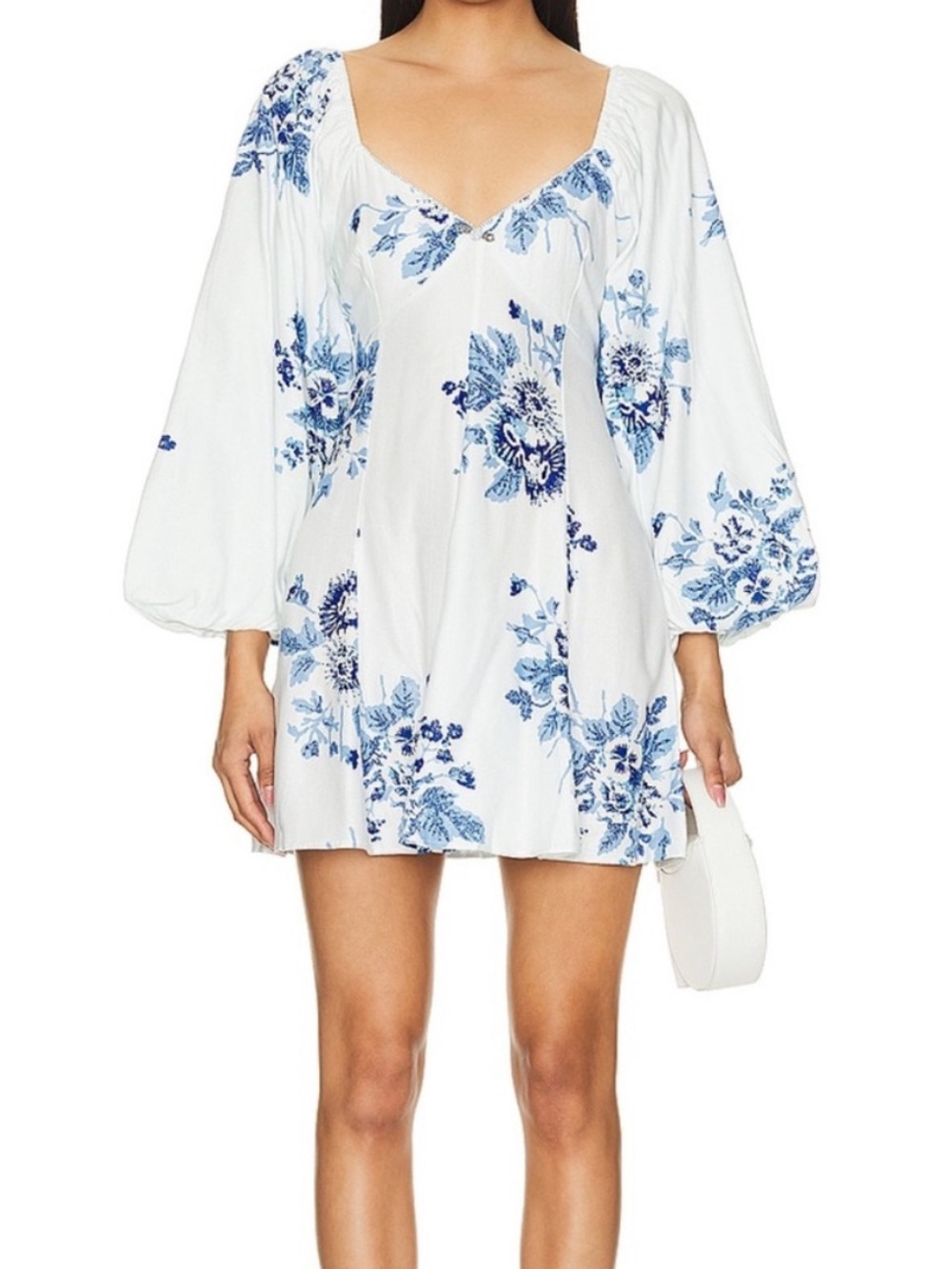 Free People White Mini Dress with Blue Floral Motif